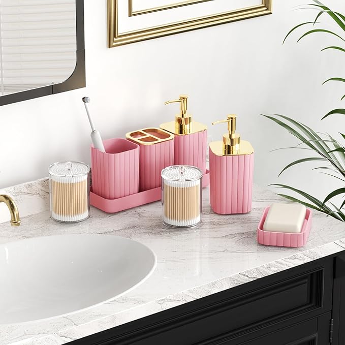 Pink Bathroom Accessories Set - Gorgeous Bathroom Set, 10PC Bathroom Accessory Set, Toilet Brush, Trash Can, Qtip Holder & Soap Dispenser