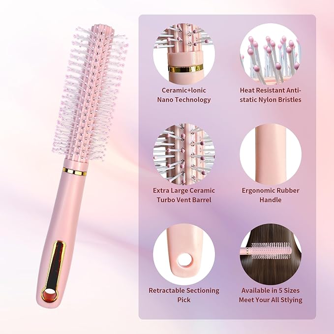 11PCS Hair Brush Set, Round Brush and Paddle Hair Brush Great On Wet Long Thick Hair, Detangling Brush and Spray Bottle for Wavy Curly Hair Pink