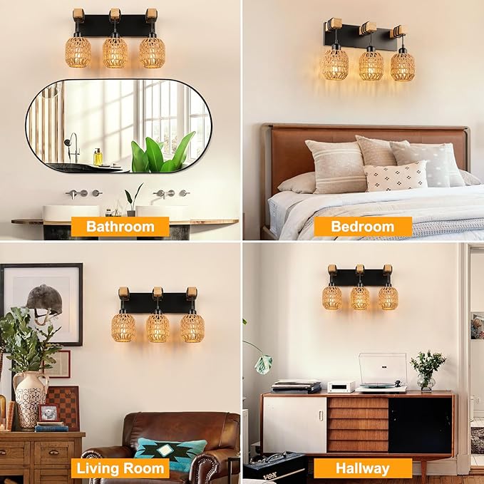 Bathroom Vanity Light Fixtures, 3-Light Farmhouse Bathroom Light Over Mirror, Rustic Boho Wood Sconces Wall Lighting with Woven Lampshade for Living Room, Bedroom, Hallway