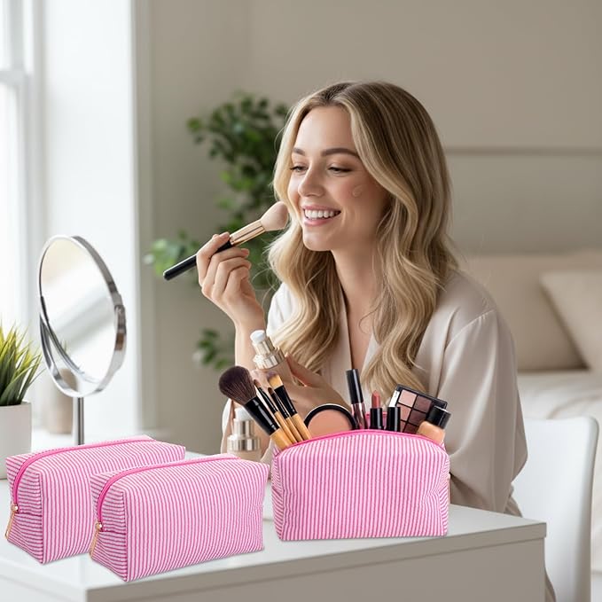 Sanwuta 12 Pcs Seersucker Cosmetic Bags Bulk Seersucker Makeup Bags Stripe Women Pouch Large Preppy Storage Pouch Toiletry Travel Organizer for Wedding Bridesmaid Bride Favor Mom Gift (Pink)
