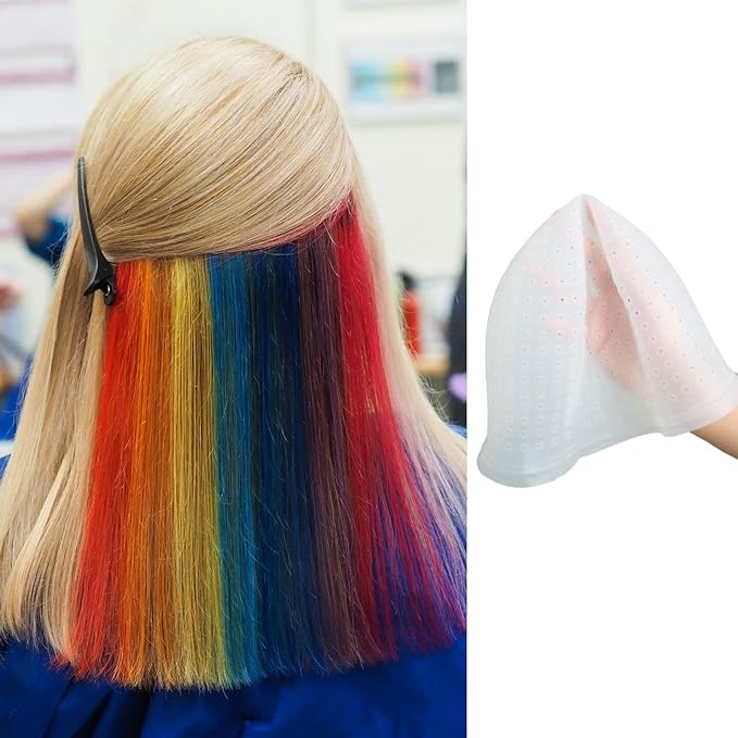 Punched Silicone Highlight Hair Cap with Needle Brushes Set Professional Reusable Highlighting Poked Hole Hooks for Salon Color Hairdressing Dyeing Staining Tools for Women Men