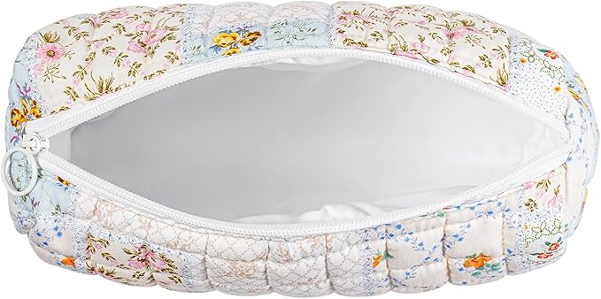 uekeboag Quilted Cotton Makeup Bag,Coquette Quilted Toiletry Bag for Women and Girls,Floral Coquette Pouch,Cute Kawaii Travel Cosmetic Bags(Dark Blue Flower)