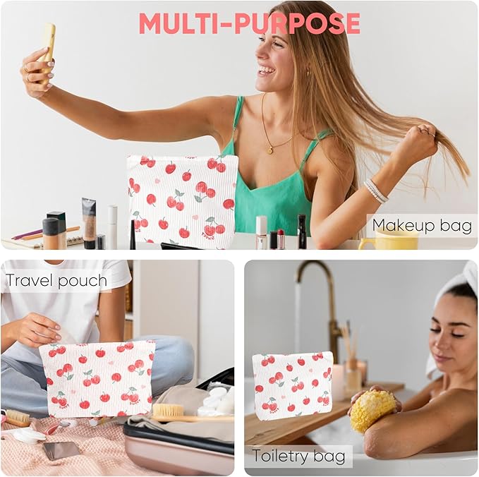 Cute Makeup Pouch for Women Cherry Small Make Up Bag for Purse Zipper Initial Cosmetic Bags Pouches for Purse Aesthetic Travel Toiletrybags, Red Cherries