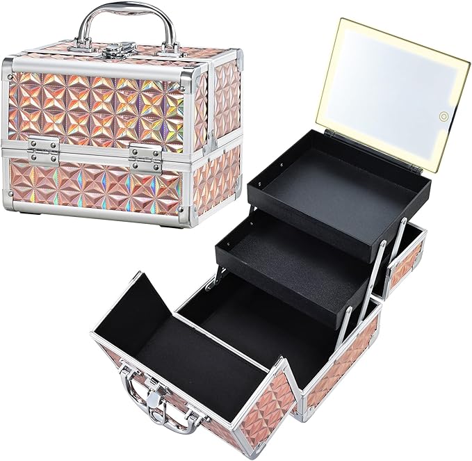 Makeup Case with Lighted Mirror Travel Makeup Organizer Box Portable Lockable 2 Trays Cosmetic Train Case with LED Mirror for Girls Make up Nail Kits Sewing Vanity Storage Case, Shiny Gold