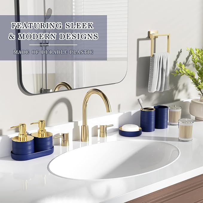 Bathroom Set, 10PC Bathroom Accessory Set, Blue Bathroom Accessories, Navy Blue and Gold Bathroom Set with Trash Can, Soap Dispensers