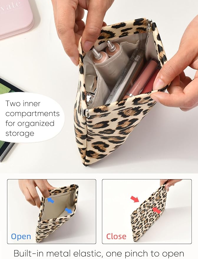 Leopard Leather Small Makeup Pouch for Women,Cosmetic Accessories,Waterproof and Portable Cosmetic Bag,Self-closing, No Zipper, Aesthetic Storage Pouch,Lipstick for Purse,Apricot Color