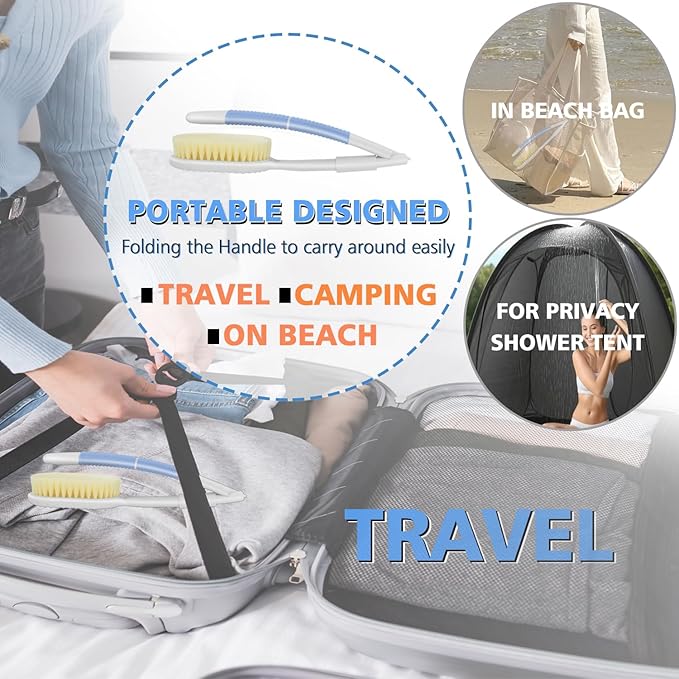 Portable Shower Brush,Long Curved Foldable Handle with Soft and Stiff Bristles,Back Scrubber Bath Brush Removable Body Exfoliator for Wet or Dry Brushing
