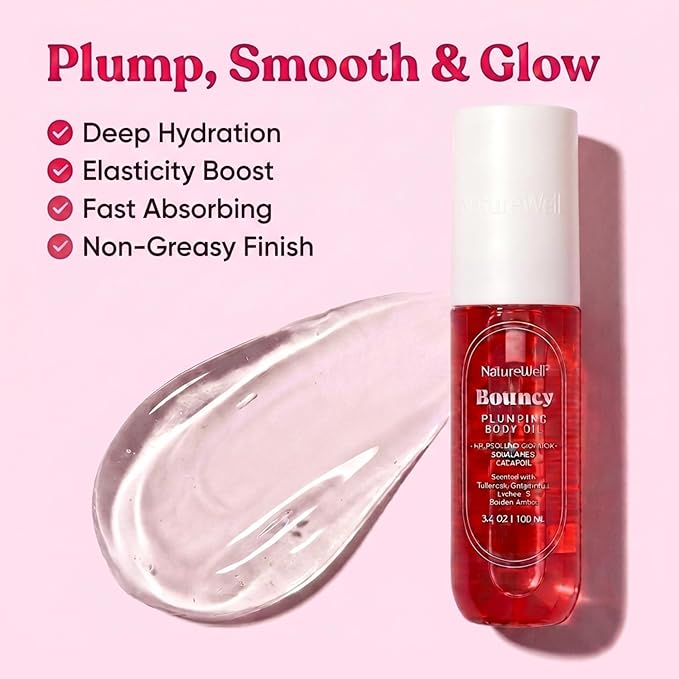 NATURE WELL Bouncy Plumping Body Oil, Fast-Absorbing Formula Designed to Support Skin Elasticity, Smoothness, & Bounce, Scented with Tuberose, Dragonfruit, Lychee & Golden Amber, 3.4 Oz