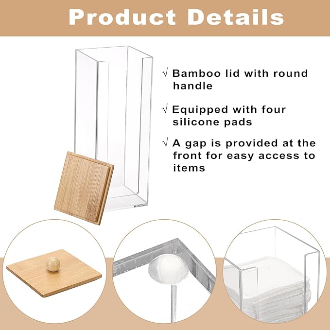 Acrylic Clean Pad Storage Box Vertical Cotton Pads Holder Square Makeup Pad Dispenser with Lid Clear Bathroom Countertop Vanity Organizer