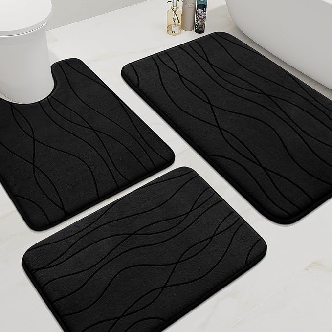 YIHOUSE Memory Foam Black Bathroom Rug Sets 3 Piece, Ultra Absorbent Bath Mat for Bathroom - Non-Slip Machine Washable & Dry Quickly, 3 Piece Bathroom Mat Set, Black