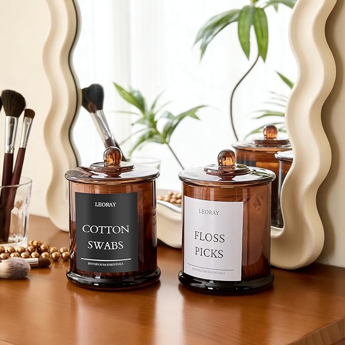 LEORAY 2 Pack Glass Qtip Holder Dispenser with Lids, Airtight Waterproof, 16 Oz Vanity Organizer Bathroom Canisters for Cotton Swabs, Balls, Pads, Floss Picks, Restroom Kitchen Storage Jars, Amber