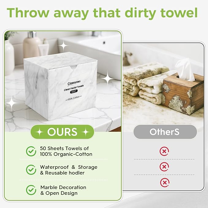 Classycoo Disposable Face Towel Holder with 50 PCS XL Washcloth, Compatible with Clean Skin Club Cotton Towel, Odor-Free, Marble Acrylic Container Box Facial Wipes, Bathroom Cosmetic Storage