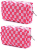 SxoSyo 2 Pcs Cosmetic Bags for Women Makeup Bag Purse Travel Toiletry Zipper Storage Pouch Make up Brushes Organizer for Gifts (Checkered, Pink 2)
