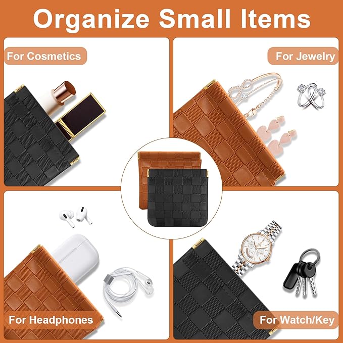 4Pcs Small Makeup Bag for Purse, Mini Checkered Leather Purse Pouches for Purse Small Makeup Pouch Small Coin Purse Organizer Pouches, Portable No Zipper Pocket Cosmetic Bag for Women (Black, Brown)
