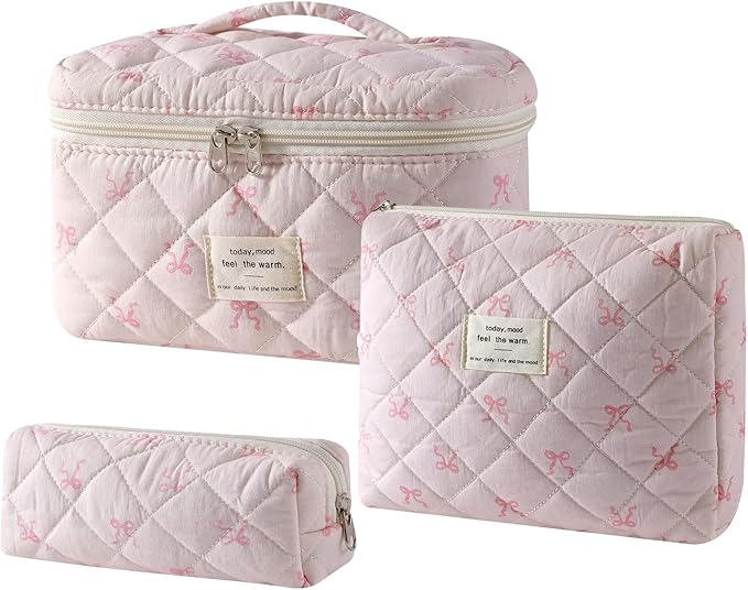 uekeboag 3Pcs Quilted Cotton Makeup Bag,Coquette Quilted Toiletry Bag for Women and Girls,Floral Coquette Pouch,Cute Kawaii Travel Cosmetic Bags(3Pcs Small Bow)