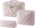 uekeboag 3Pcs Quilted Cotton Makeup Bag,Coquette Quilted Toiletry Bag for Women and Girls,Floral Coquette Pouch,Cute Kawaii Travel Cosmetic Bags(3Pcs Small Bow)