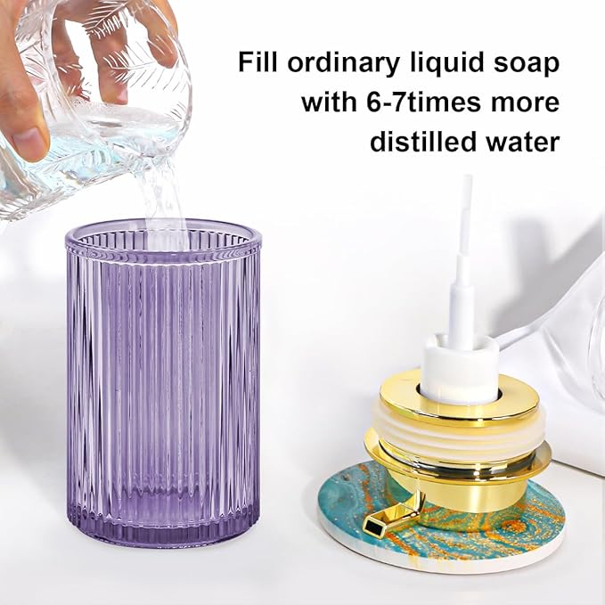 Foaming Soap Dispenser, 12 Oz Purple Glass Soap Dispenser, Refillable Liquid Lotion Container Foam Gold Pump Bottle Decorative Modern Slim Ribbed Bottle for Bathroom and Kitchen