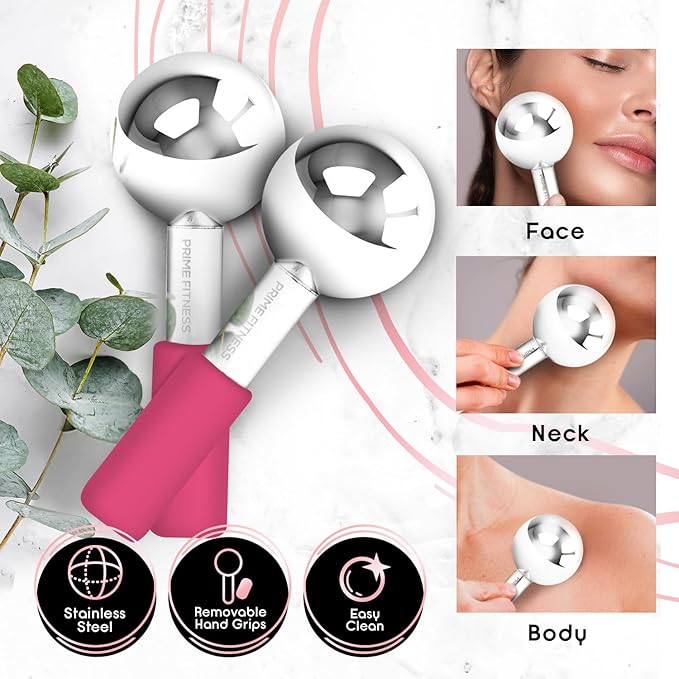 Prime Fitness Ice Globes for Facials | Unbreakable Steel Cooling Roller | Cryo Sticks for Face | Face Massager for Neck & Eyes | Skin Care for Dark Circles, Puffiness (Red)