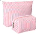 2 Pcs Makeup Bag Set Cute Cosmetic Pouch for Women Seersucker Travel Toiletry Bag Preppy Small Makeup Purse Pouch Aesthetic Skincare Brushes Storage Organizer for Valentine Women(Rose Pink)