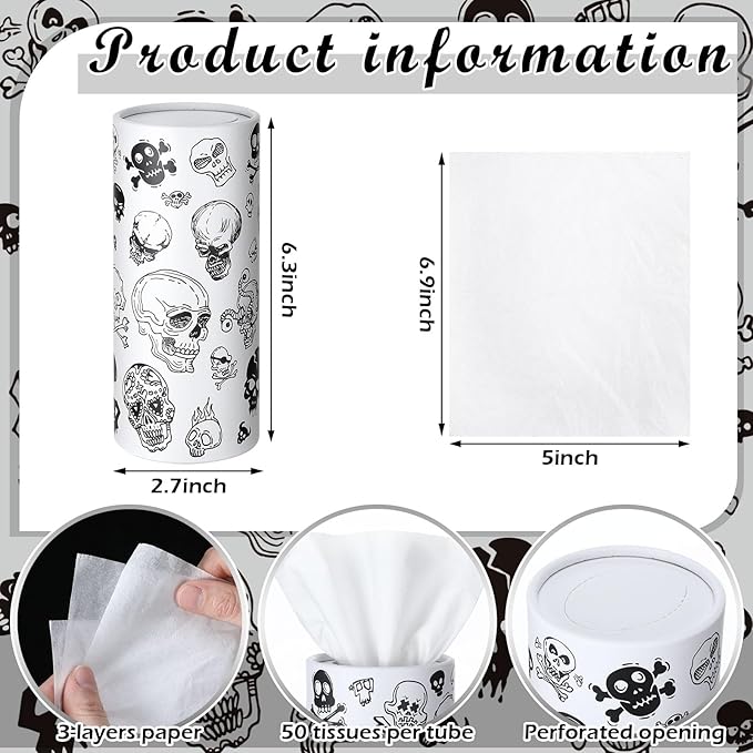 Fourluoo 12 Pack Skull Cylinder Tissues for Car Bulk Gothic Skeleton Round Cylinder Holder with 3 Ply Facial Tissues for Travel Home Bathroom Office Accessories