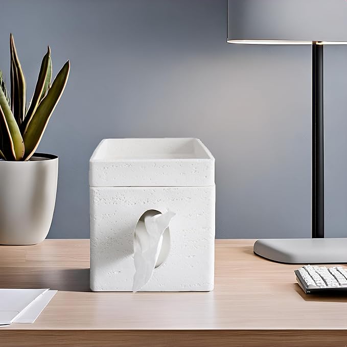 Hymmah Tray Tissue Box Cover Holder Unique Cube Design Tissue Dispenser Cover Decor for Vanity Counter Tops Also Great for Bedroom and Living Room White