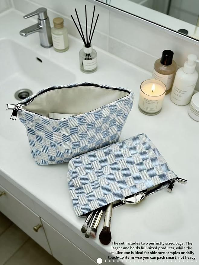 2-Pack Blue & White Checkered Makeup Bag Set - Large Capacity Cosmetic Organizer Pouch | Travel Toiletry Bag & Purse Organizer for Women Girls