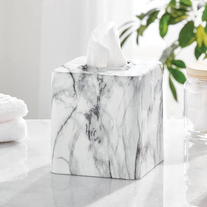 mDesign Metal Square Tissue Box Cover, Modern Facial Paper Holder - Accessories for Bathroom Vanity Countertop, Bedroom Dresser, Night Stand, Desk, Office and End Table - Unity Collection - Marble