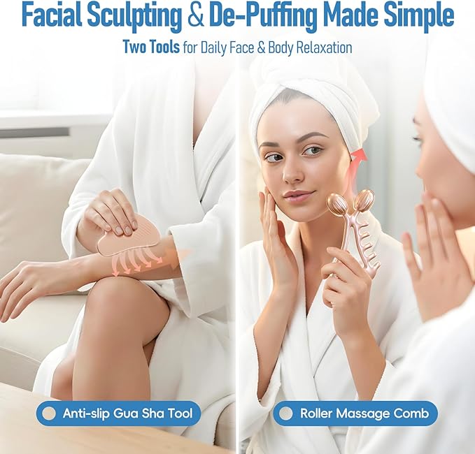 Gua Sha Facial Tools & Face Roller Set, Stainless Steel Facial Massager Tools for Lymphatic Drainage & Face Sculpting, Textured Guasha for Better Grip, Double Chin Reducer, Skincare Gift(RoseGold)