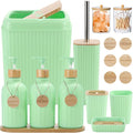 Green Bathroom Accessories Set 17PCS Bathroom Set with Trash Can 3PCS Lotion Soap Dispenser, Toothbrush Holder, 6PCS Wood Tags Bath Accessories with Tray for Kitchen Bathroom