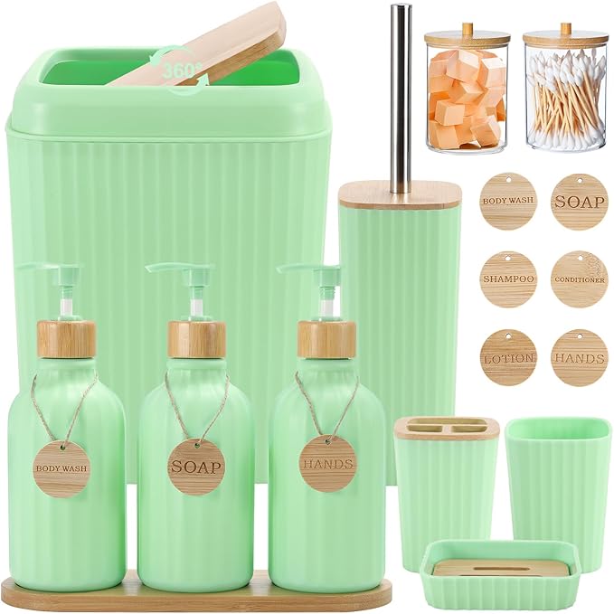 Green Bathroom Accessories Set 17PCS Bathroom Set with Trash Can 3PCS Lotion Soap Dispenser, Toothbrush Holder, 6PCS Wood Tags Bath Accessories with Tray for Kitchen Bathroom