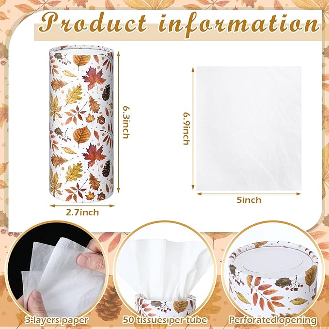 Fourluoo 12 Pack Fall Maple Leaf Tissue Boxes for Car Cylinder Bulk Autumn Round Cylinder Holder with 3 Ply Facial Tissues for Thanksgiving Day Travel Home Bathroom Office Accessories