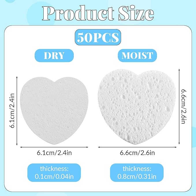 50-Count Heart Compressed Facial Sponges for Daily Cleansing and Gentle Exfoliating, 100% Natural Cellulose Spa Sponge Perfect for Removing Dead Skin, Dirt and Makeup (White)