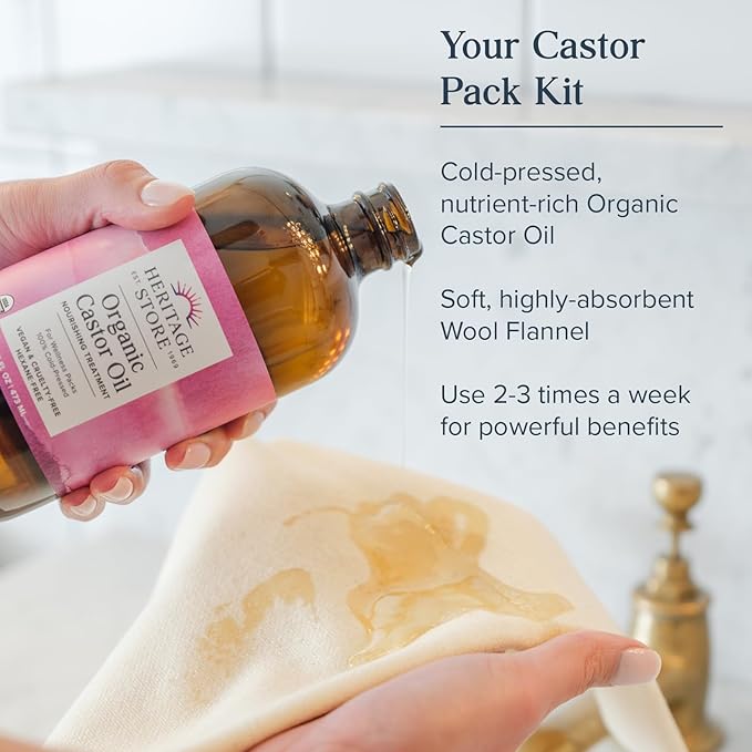 HERITAGE STORE Organic Castor Oil Pack Wrap Kit - Soothing Castor Oil Packs, Heat Compress for Abdomen, Joints, Overall Health - 16oz Cold Pressed Organic Castor Oil and 12 x 27 in. Wool Flannel Cloth