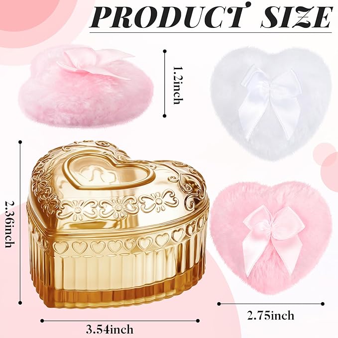 Tioncy 3 Pcs Large Body Powder Puff and Container Valentine's Day gift Powder Container with Puff Crystal Case Soft Washable Reusable Velour Face Body Glitter Wet Dry Makeup(Heart,Amber)
