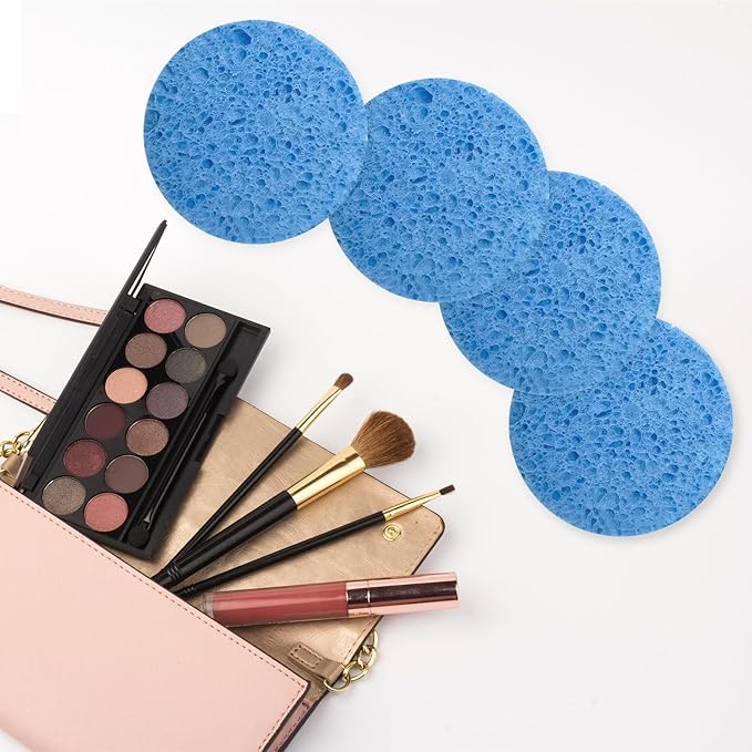 50-Count Large Compressed Facial Sponges for Estheticians, Daily Cleansing and Gentle Exfoliating- 100% Natural Cellulose Spa Sponge Perfect for Removing Dead Skin, Dirt and Makeup (Round 2.95",Blue)
