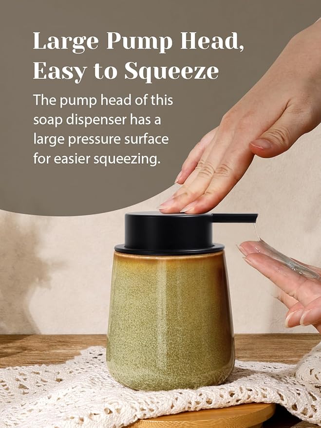 INGOFIN Ceramic Lotion Dispenser - 12 oz Refillable Hand Soap Dispenser Bathroom, Modern Liquid Soap Dispenser with Pump, Dish Dispenser for Kitchen,Kiln-Glazed Earthy Greenish-Brown