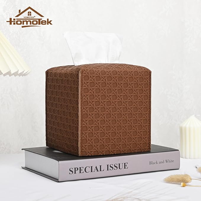 HOMOTEK 2 Pack Tissue Box Cover, Square PU Leather Tissue Holder, Decorative Facial Tissue Cube Paper Organizer Dispenser for Bathroom, Night Stands, Desk, Car 5X5X5'' - Rattan Weave,Chocolate