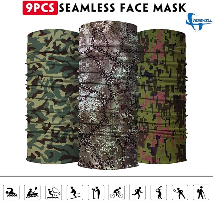 Venswell Neck Gaiter Face Mask Men Women,Seamless Bandana Rave Face Cover Scarf Mask,Balaclava,Headband, Head Wrap,Headwear