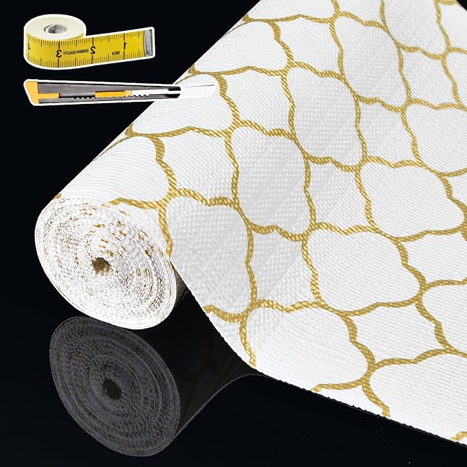 Shelf Liners for Kitchen Cabinets 23in x 30FT Non Adhesive Drawer Liner Gold Quatrefoil Thickened Shelf Liner Paper Strong Non-Slip Easy to Clean for Tool Box Refrigerator with Knife and Tape Measure