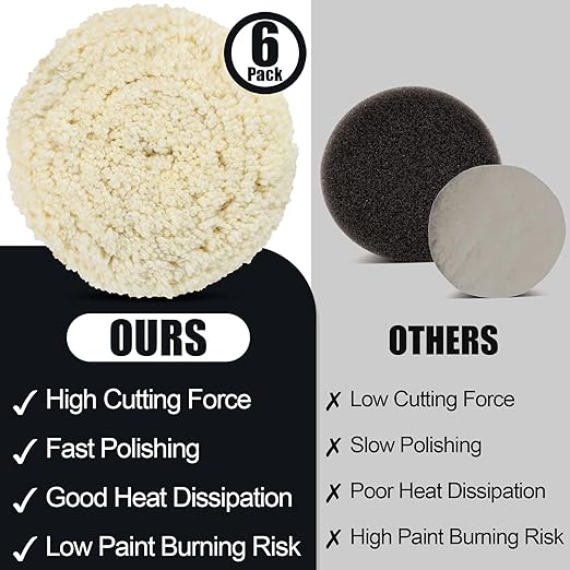 6 PCS Wool Buffing Polishing Pads - 8 Inch Natural Wool Cutting Pads with Hook and Loop Backing Compound & Polishing for Automotive Car Boats Glass Furniture Repair