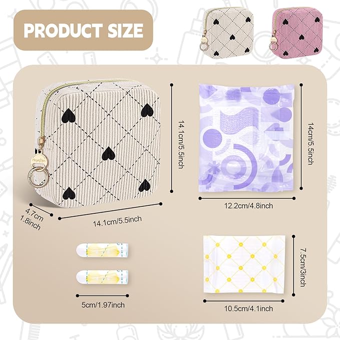 Period Bag for Teen Girls, Corduroy Hearts Sanitary Napkin Storage Bag, Cute Menstrual Pad Pouch Tampon Holder for Purse (Hearts-Beige)