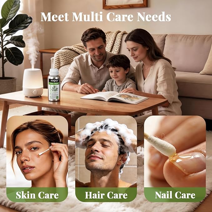HIQILI Tea Tree Oil 16 Fl Oz, for Skin, Hair, Nail, Diffuser, Soap Making, Includes Two Portable Decanters