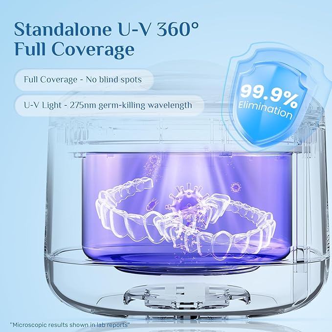 Portable Ultrasonic Retainer Cleaner, 42kHz High-Frequency, 4 Modes, IPX7 Waterproof Detachable Tank SUS304 Stainless Steel for Travel & Home Use, Fits Full Dentures