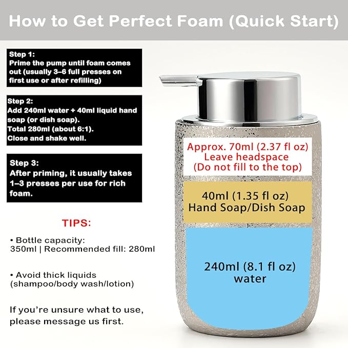 Foam Soap Dispenser-12oz Ceramic Foaming Soap Dispenser for Bathroom-Silver Foam Dispenser for Kitchen-Hand Soap Bottle for Countertop