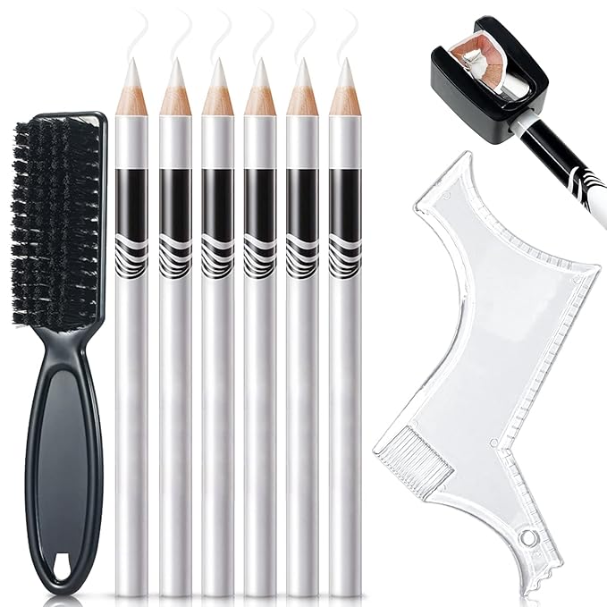NewBang 8 Piece White Barber Pencil Set - Edge Hairline Razor Trace Pencils for Beard Guide and Shaping with Built-in Sharpener, Brush and Ruler