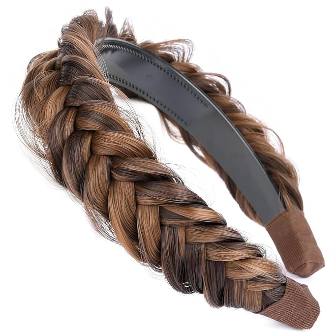 DIGUAN Wide Messy Braided Headband With Teeth Synthetic Hair Plaited Headband High Elasticity Braids Chunky Fishtail Braided Hair Band Hairpiece for Girls Women (Chocolate Toast)
