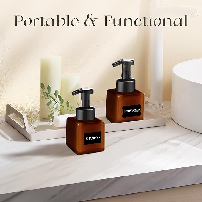 8.5 oz Foaming Soap Dispenser Plastic Foaming Pump Bottle, Refillable Dispenser with Plastic Pump, Empty Hand Bottles for Liquid Soap, Shampoo, Bathroom,Hotel,Restaurant (30, Brown)