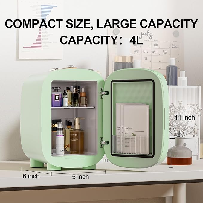 DF01A Skincare Fridge, With 3-Level Dimmable LED Light Mirror, Low Noise 4L Makeup Fridge for Skincare, Cooler & Warmer, Portable Design for Multiple Uses - Bedroom, Office, and Car