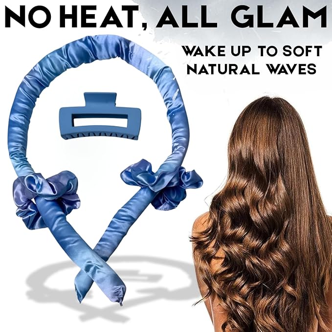 Dunnock Heatless Curling Rods Set Sky Blue - Heatless Curls Overnight with 34" Hair Curler & 2 Satin Scrunchies No Heat Hair Curlers for Soft Waves & Bouncy Curls, DamageFree Hair Styling Tool