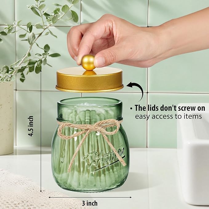 SheeChung Green Glass Qtip Holder Dispenser, Mason Jar Apothecary Jars with Lids, Bathroom Organizers and Storage, Vanity Countertop Canisters Set for Cotton Swab, Ball, Pad, Floss Pick-Gold, 1 Pc